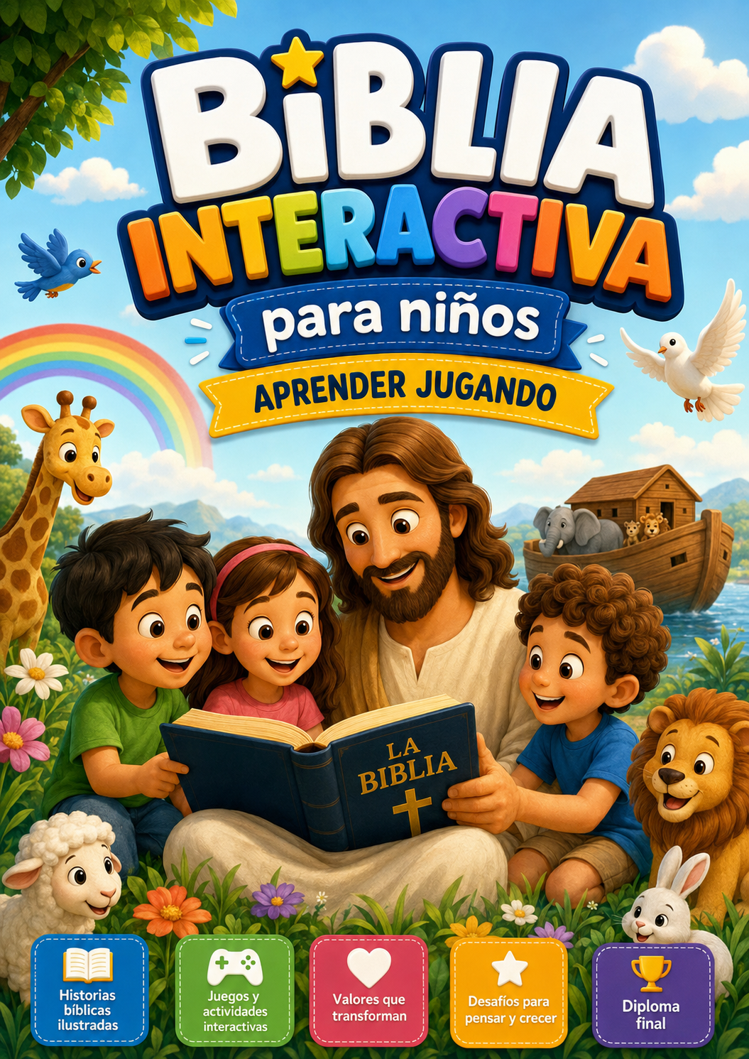 Biblia Interactiva para Niños - Historias bíblicas ilustradas+3 bonus (juegos, actividades y diploma final) PDF Digital.